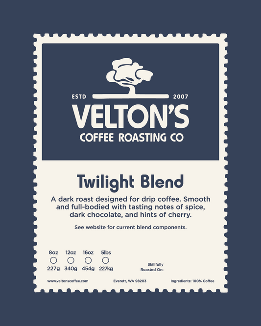 Velton's Coffee Roasting Co. Twilight Blend coffee package on a dark blue background